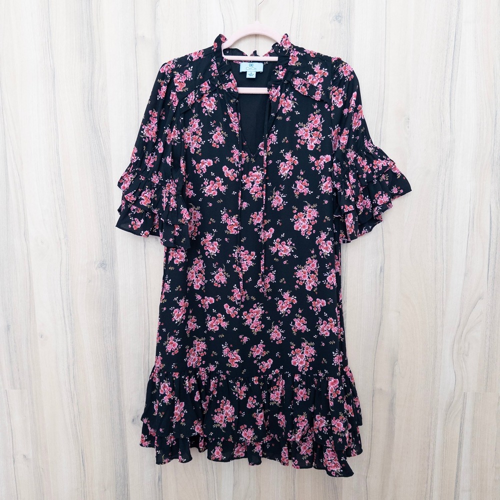 CeCe Womens Floral Dress Size M‎ Black Floral Ruffle Dark Cottage Romantic Boho